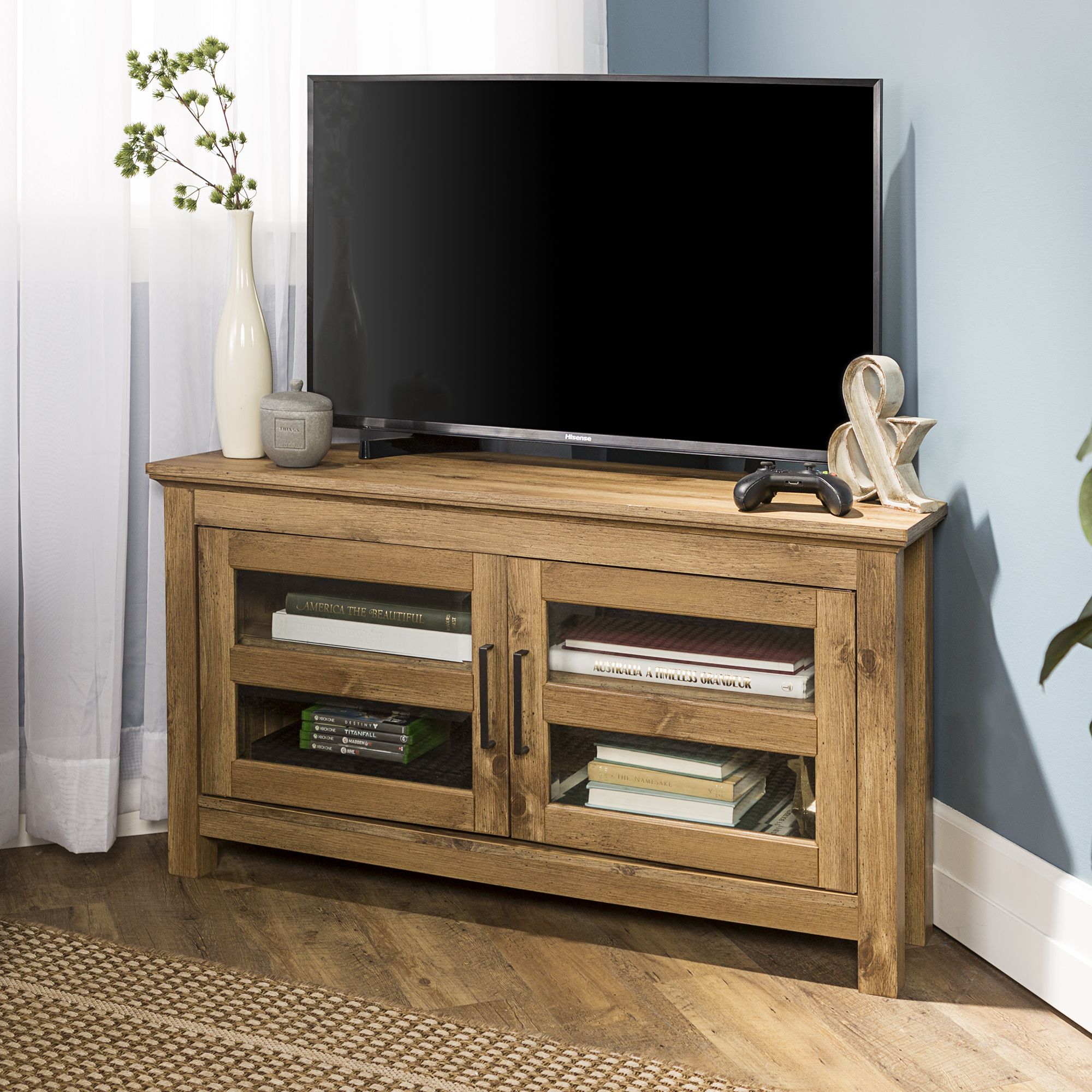 44" Wood Corner Tv Media Stand Storage Console – Barnwood In Wooden Corner Tv Cabinets (View 3 of 15)