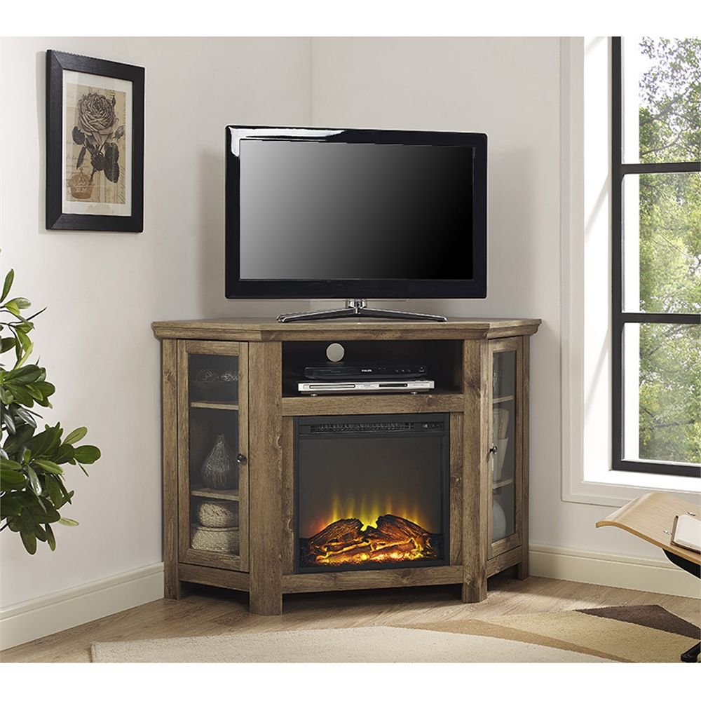 48" Corner Fireplace Tv Stand – Barnwood With Regard To Dark Brown Corner Tv Stands (Photo 11 of 15)