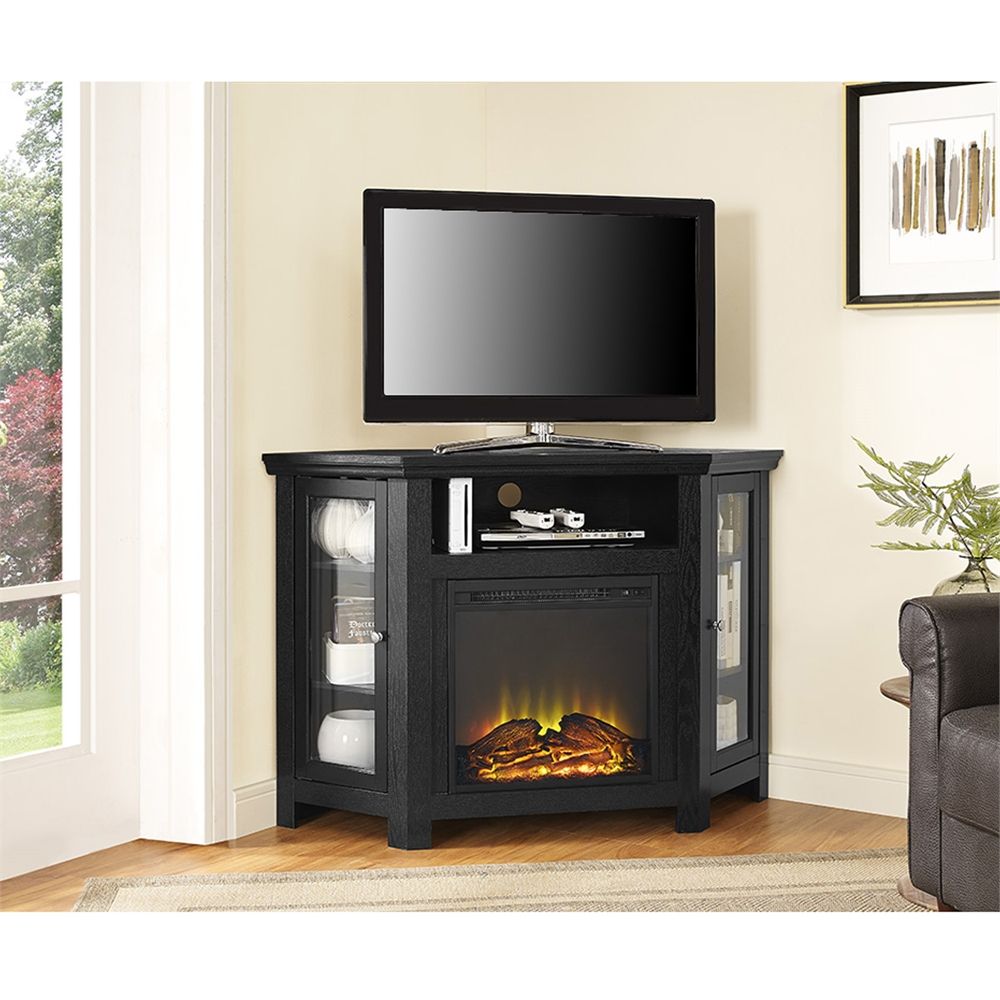 48" Corner Fireplace Tv Stand – Black For Wood Tv Floor Stands (View 11 of 15)