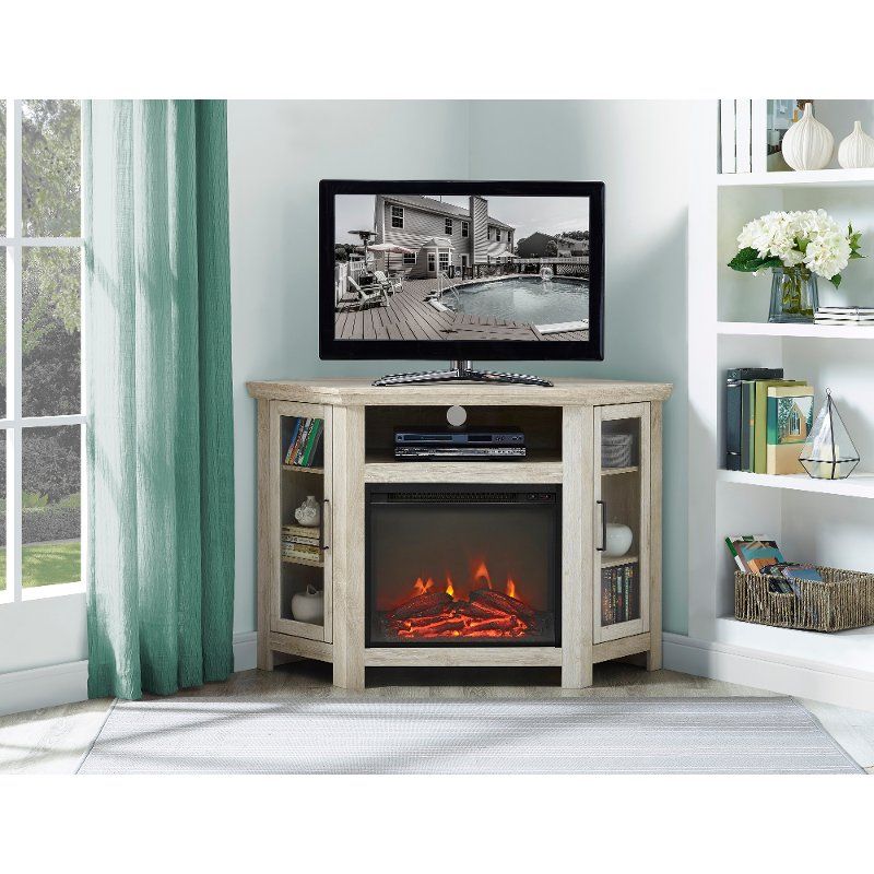 48 Inch White Oak Corner Tv Stand With Fireplace | Rc For Wooden Corner Tv Stands (View 7 of 15)