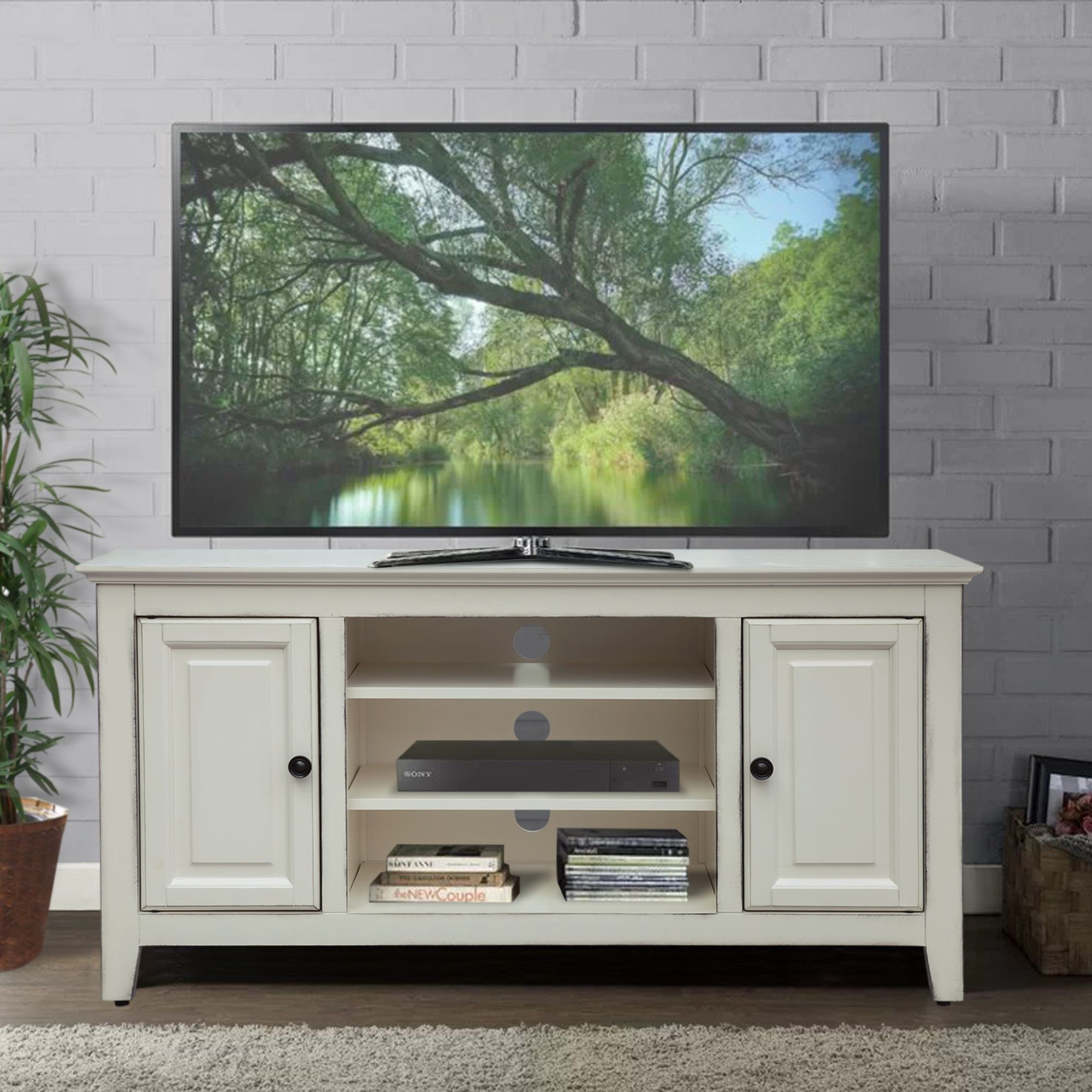 48" Wood Grain Tv Stand In Antique White – Walmart For Opod Tv Stand White (View 7 of 15)