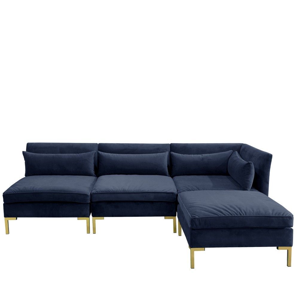 4pc Alexis Sectional With Brass Metal Y Legs Navy Velvet In 4pc Alexis Sectional Sofas With Silver Metal Y Legs (View 5 of 15)