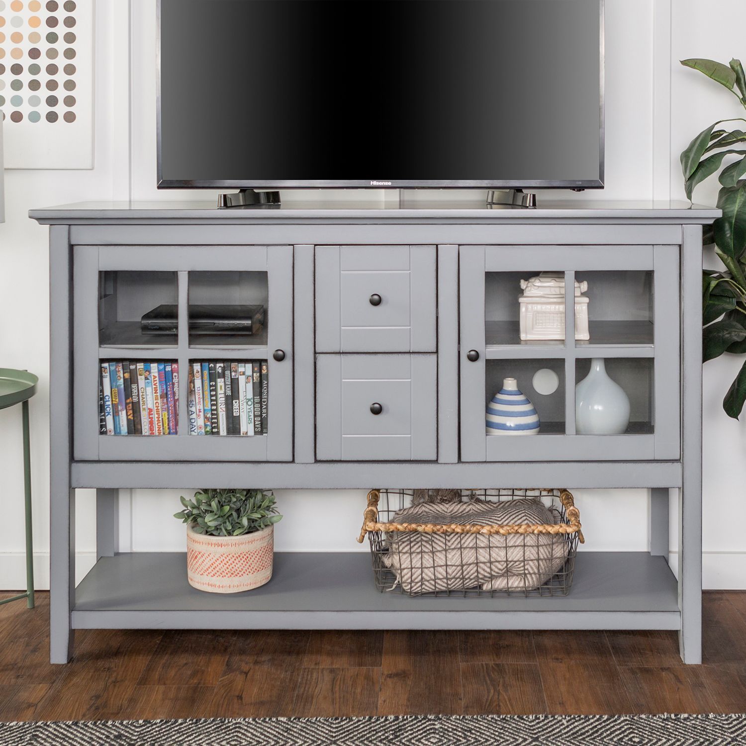 52" Antique Gray Tv Stand & Buffet | Living Room Tv Stand Inside Tv Stands With Table Storage Cabinet In Rustic Gray Wash (View 4 of 15)