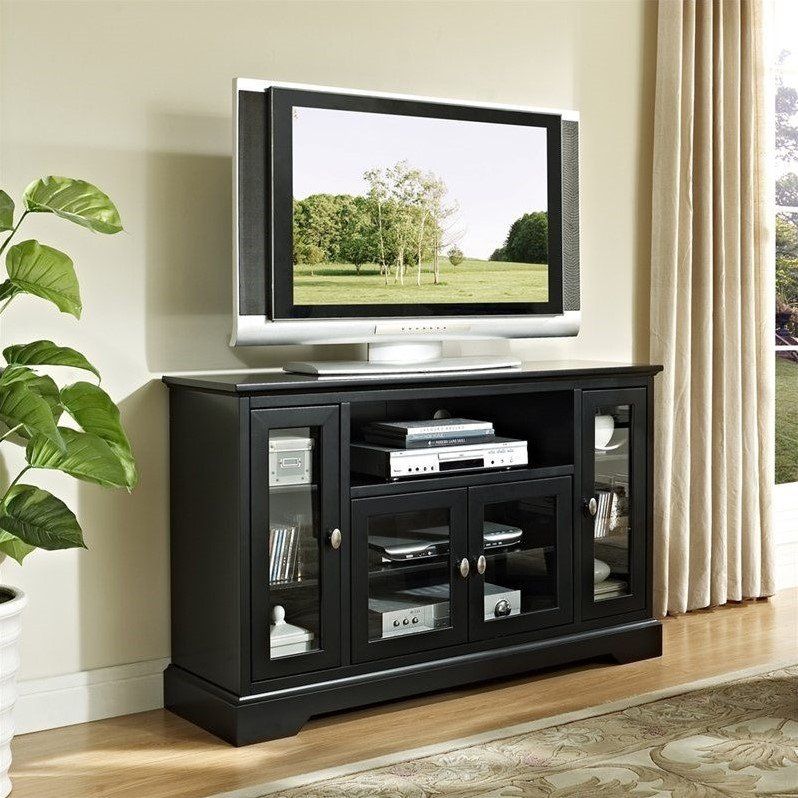 52" Highboy Style Wood Tv Stand In Black – W52c32bl Within Wood Tv Stand With Glass Top (Photo 3 of 15)
