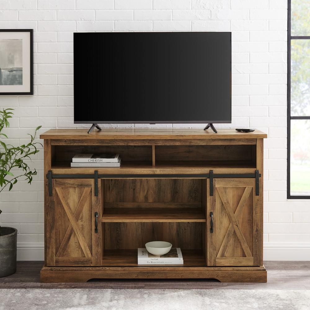 52" Modern Farmhouse High Boy Wood Tv Stand With Sliding In Modern Sliding Door Tv Stands (View 8 of 15)