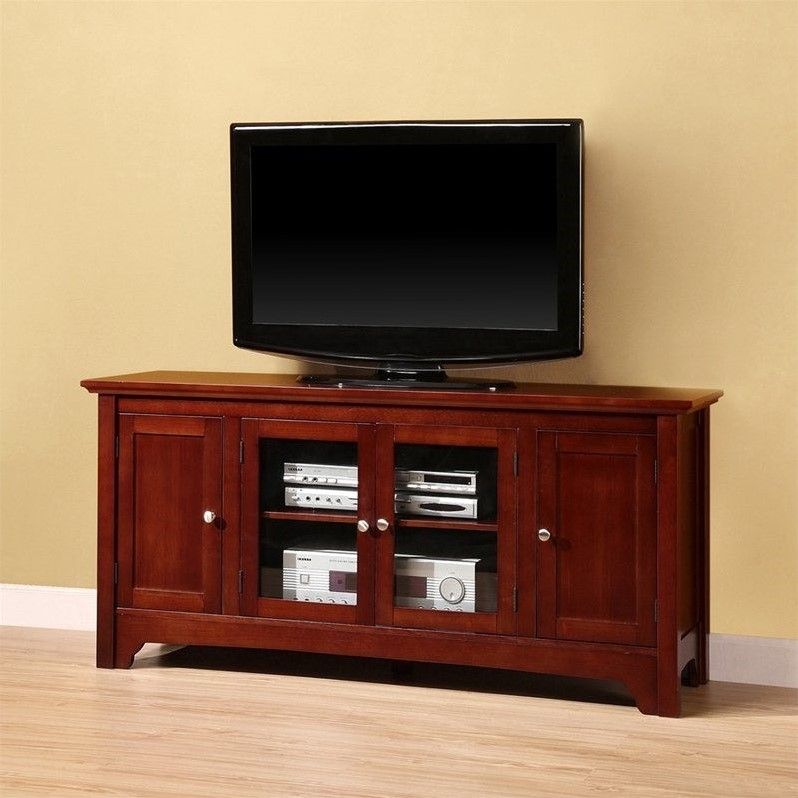 52" Solid Wood Tv Stand With 4 Doors In Walnut Brown For Wooden Tv Cabinets (View 10 of 15)