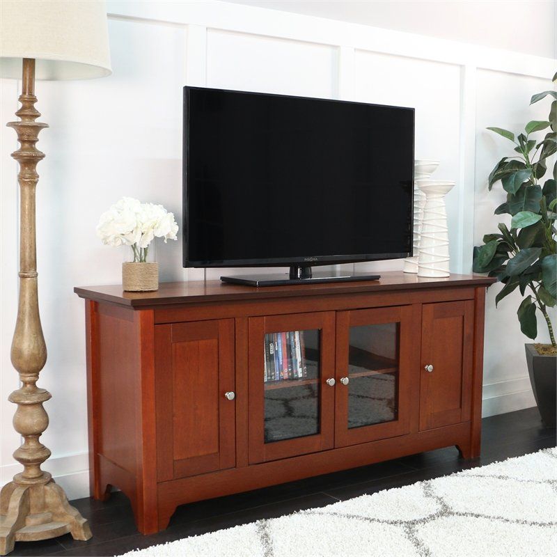 52" Solid Wood Tv Stand With 4 Doors In Walnut Brown Intended For Solid Pine Tv Stands (View 8 of 15)