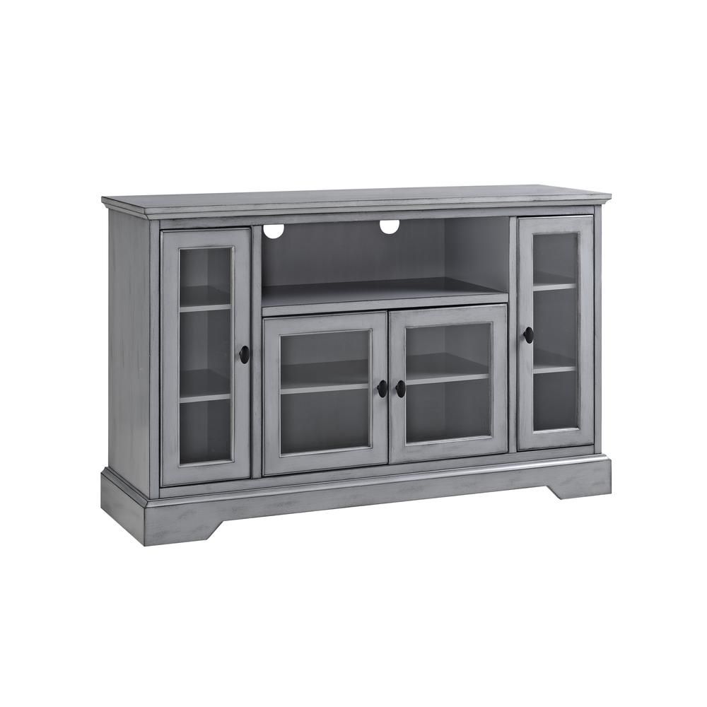 52" Wood Highboy Tv Media Stand Storage Console – Antique Grey Inside Space Saving Black Tall Tv Stands With Glass Base (Photo 15 of 15)