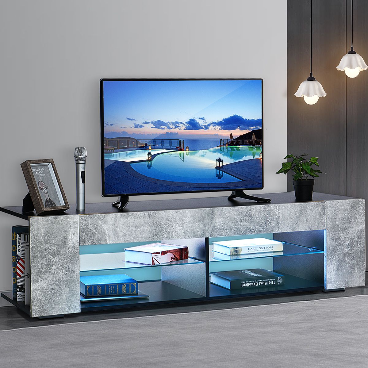 57 Inch Tv Stand With Remote Led Lights, Entertainment With Regard To Led Tv Cabinets (View 2 of 15)