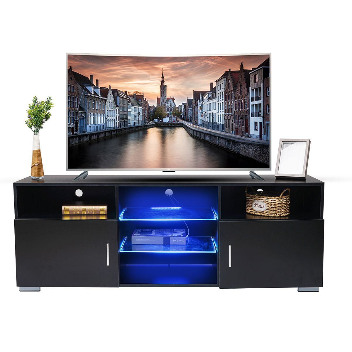 57'' Led Tv Stand Cabinet, High Glass Modern Entertainment With Red Gloss Tv Cabinet (View 9 of 15)
