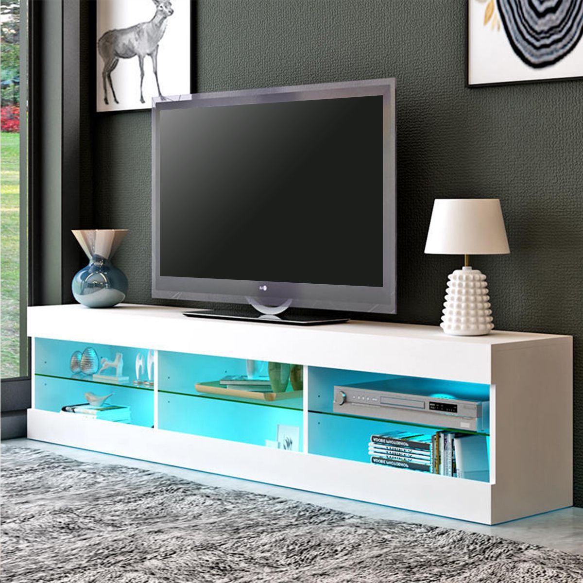 57'' Tv Stand With Rgb Led Lights, Modern Decorative Tv Intended For Glass Shelf With Tv Stands (View 2 of 15)