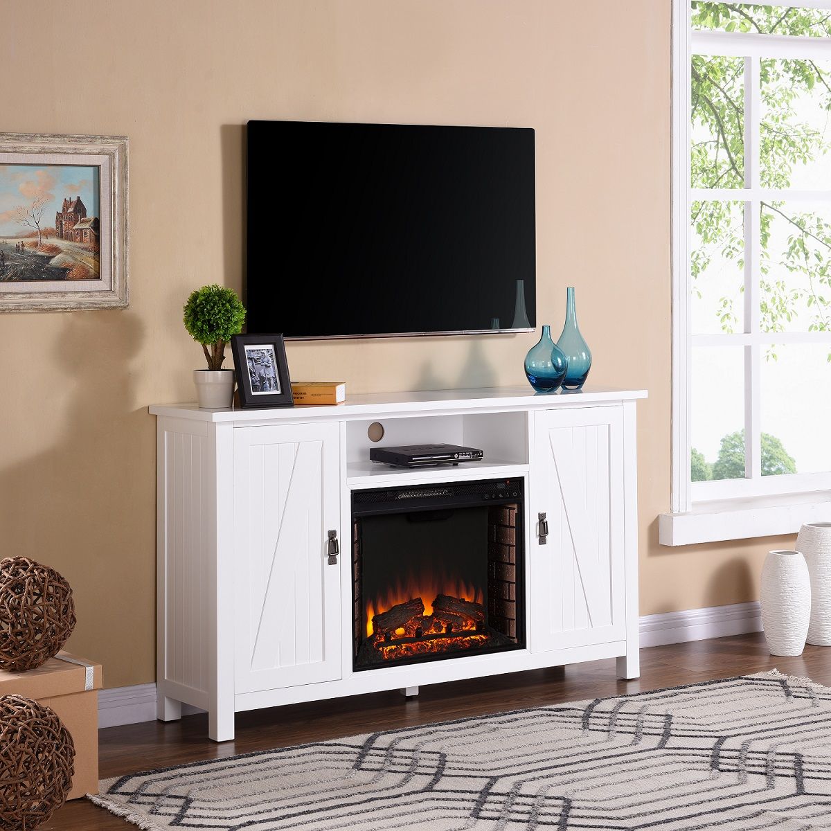 58" Adderly Farmhouse Style Electric Fireplace Tv Stand Intended For White Tall Tv Stands (View 7 of 15)