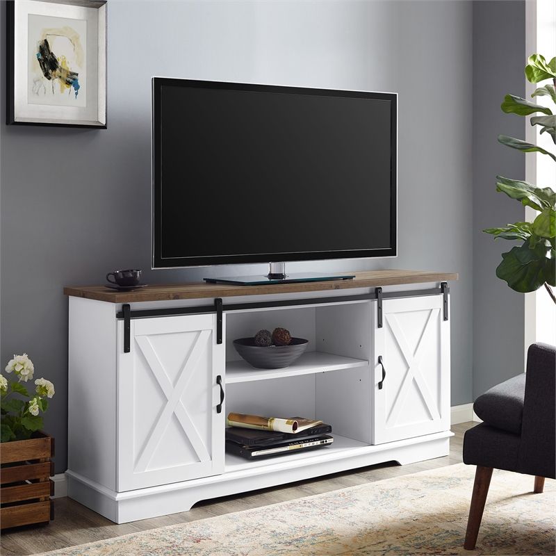 58" Farmhouse Wood Tv Stand W/ Solid White With Reclaimed With Opod Tv Stand White (View 5 of 15)
