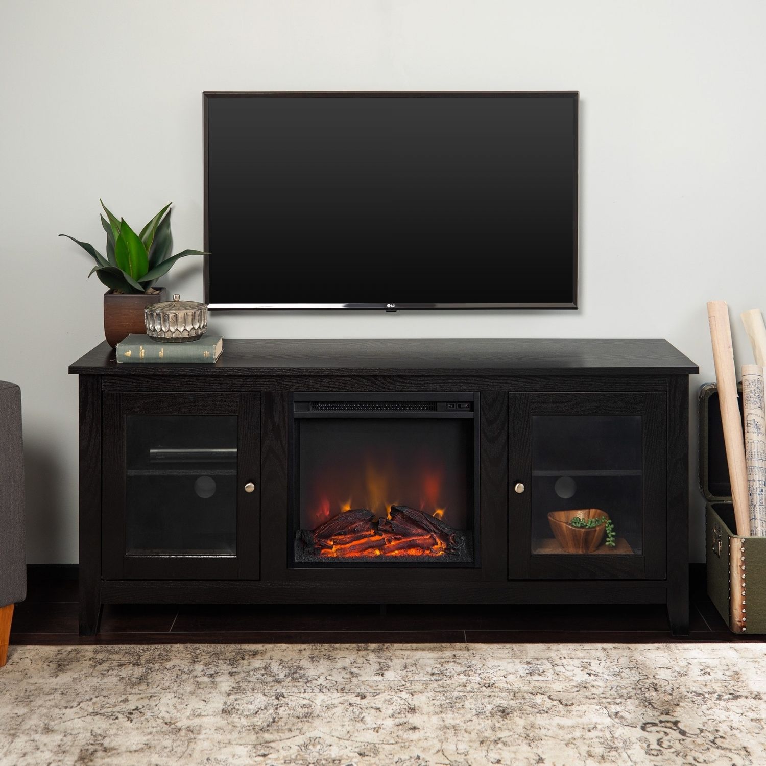 58 In Fireplace Tv Stand Console – Black | Ebay Pertaining To Fireplace Media Console Tv Stands With Weathered Finish (Photo 3 of 15)