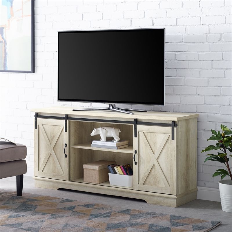 58" Modern Farmhouse Wood Tv Stand With Sliding Barn Doors With Regard To Jaxpety 58&quot; Farmhouse Sliding Barn Door Tv Stands (View 7 of 15)