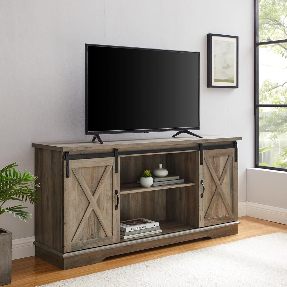 58" Sliding Barn Door Tv Console – Grey Wash Within Jaxpety 58" Farmhouse Sliding Barn Door Tv Stands In Rustic Gray (View 3 of 15)