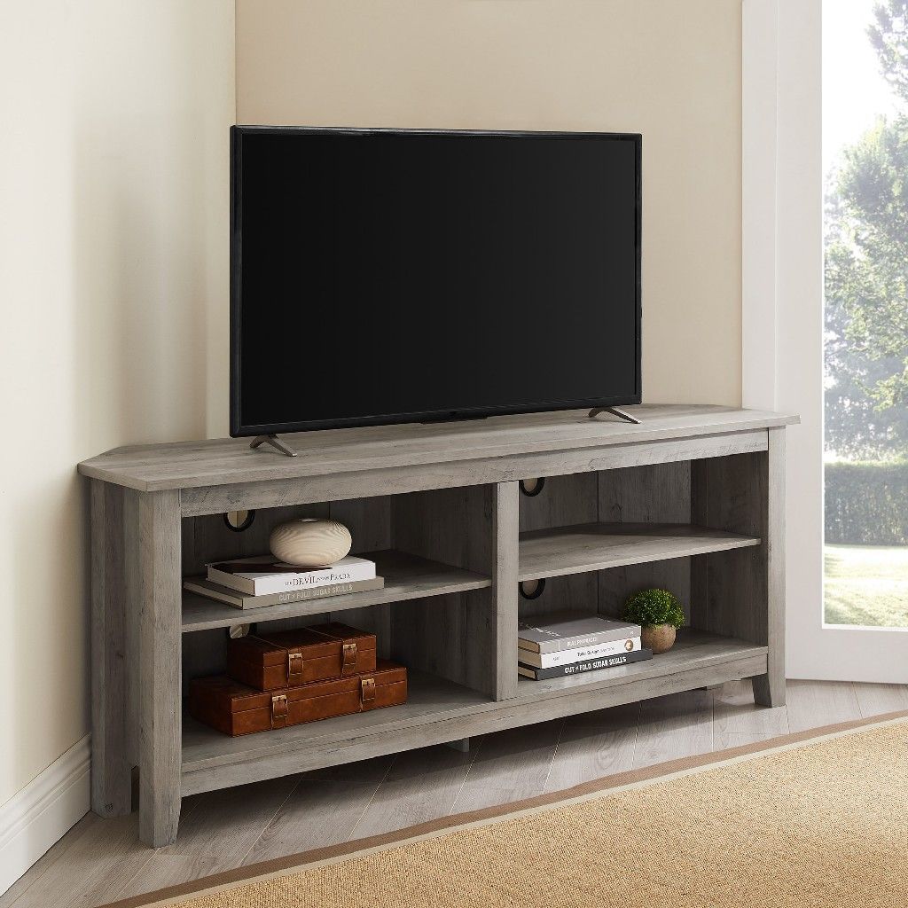 58" Transitional Wood Corner Tv Stand In Grey Wash With 60" Corner Tv Stands Washed Oak (View 6 of 15)
