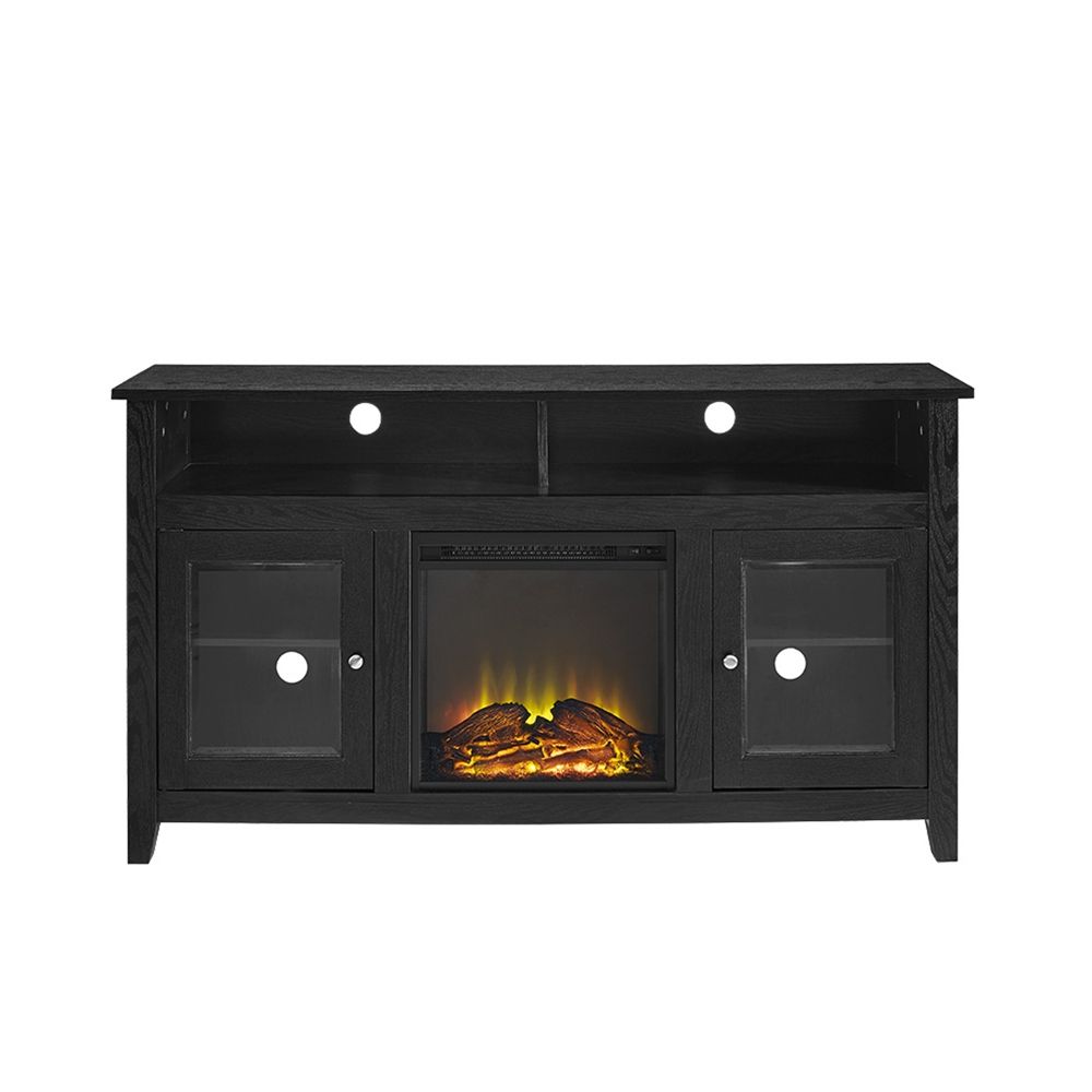58" Wood Highboy Fireplace Tv Stand – Black Regarding Modern Black Floor Glass Tv Stands For Tvs Up To 70 Inch (View 2 of 15)