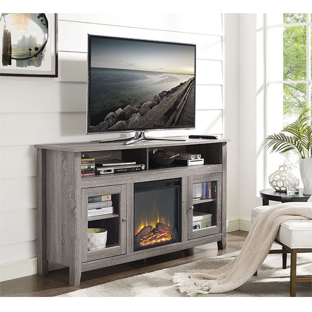 58" Wood Highboy Fireplace Tv Stand – Driftwood Intended For Techni Mobili 53&quot; Driftwood Tv Stands In Grey (View 10 of 15)