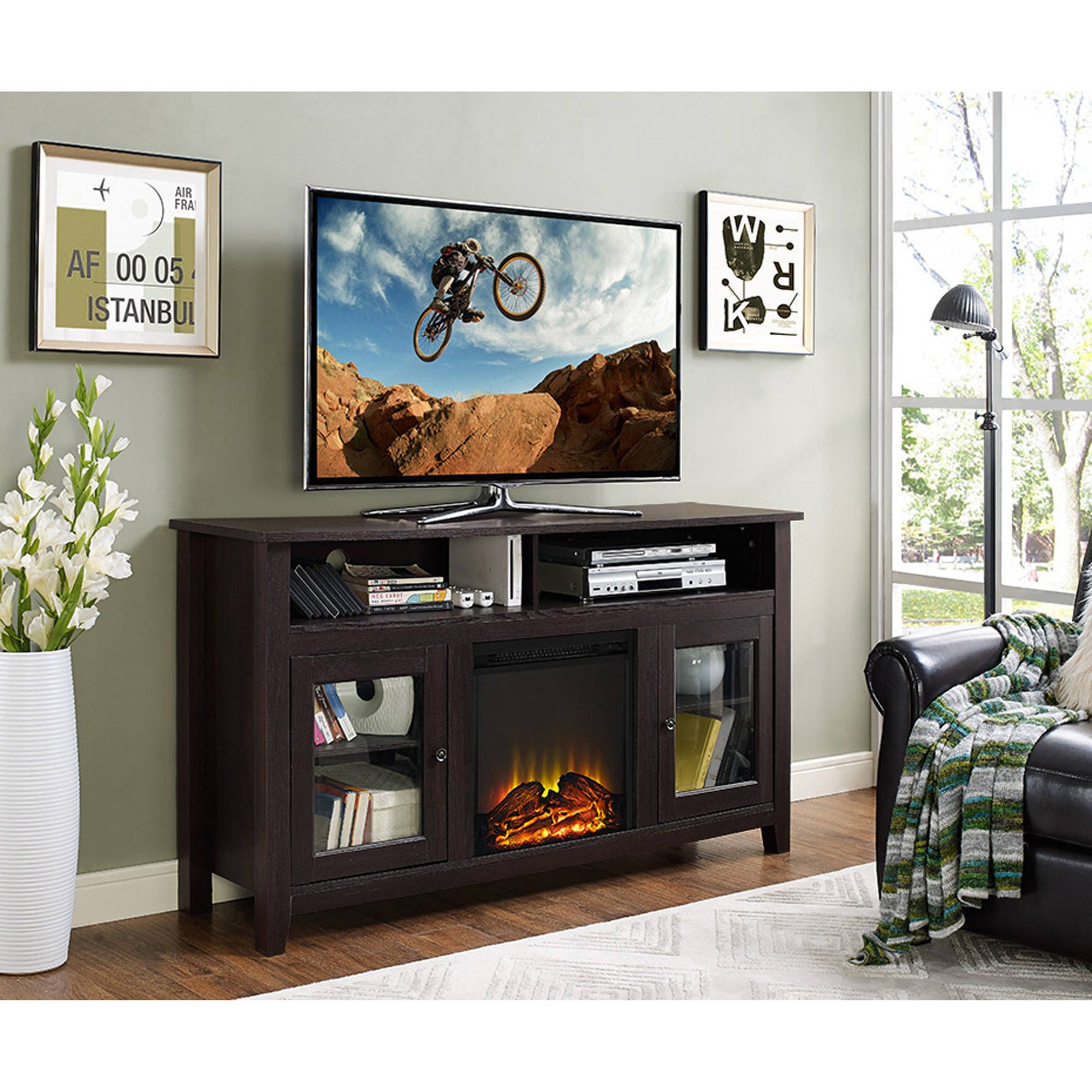 58" Wood Highboy Fireplace Tv Stand For Tvs Up To 60 Intended For Corner Tv Stands For Tvs Up To 60&quot; (View 14 of 15)