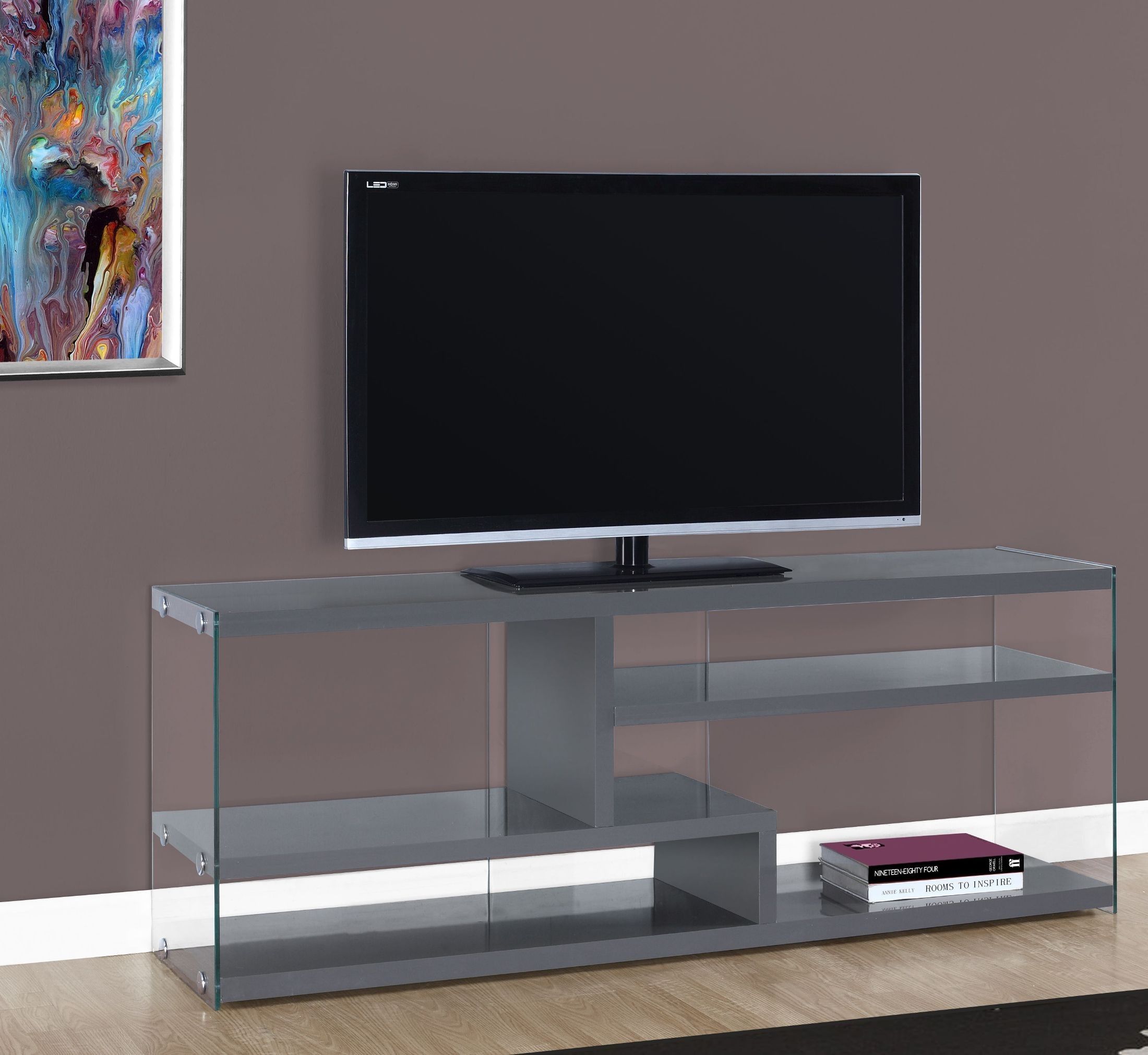 60" Glossy Gray And Tempered Glass Tv Stand From Monarch Within Glass Front Tv Stands (Photo 13 of 15)