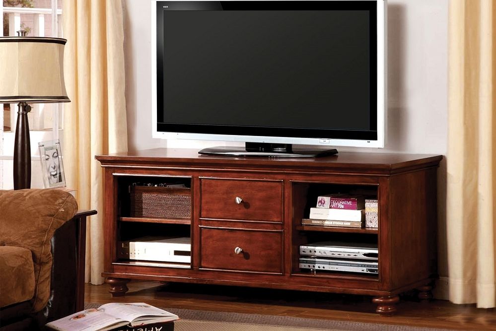 60" Stevens Cherry Tv Console 2 Drawer Solid Wood Tv Stand With Solid Wood Black Tv Stands (View 10 of 15)