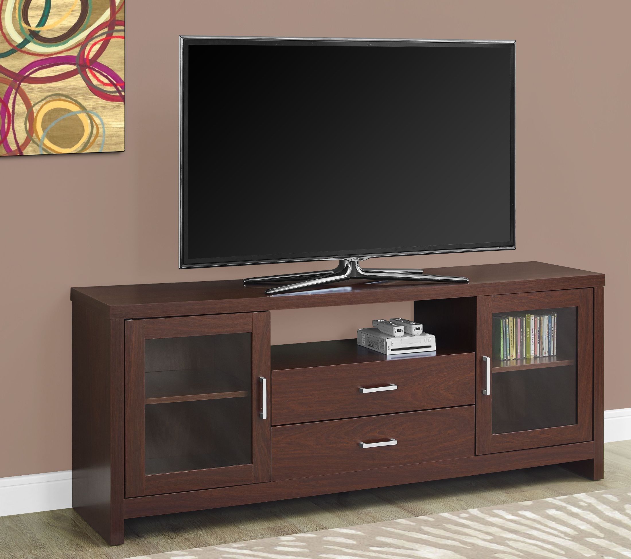 60" Warm Cherry Drawer Tv Stand From Monarch | Coleman Inside Cherry Wood Tv Cabinets (View 2 of 15)