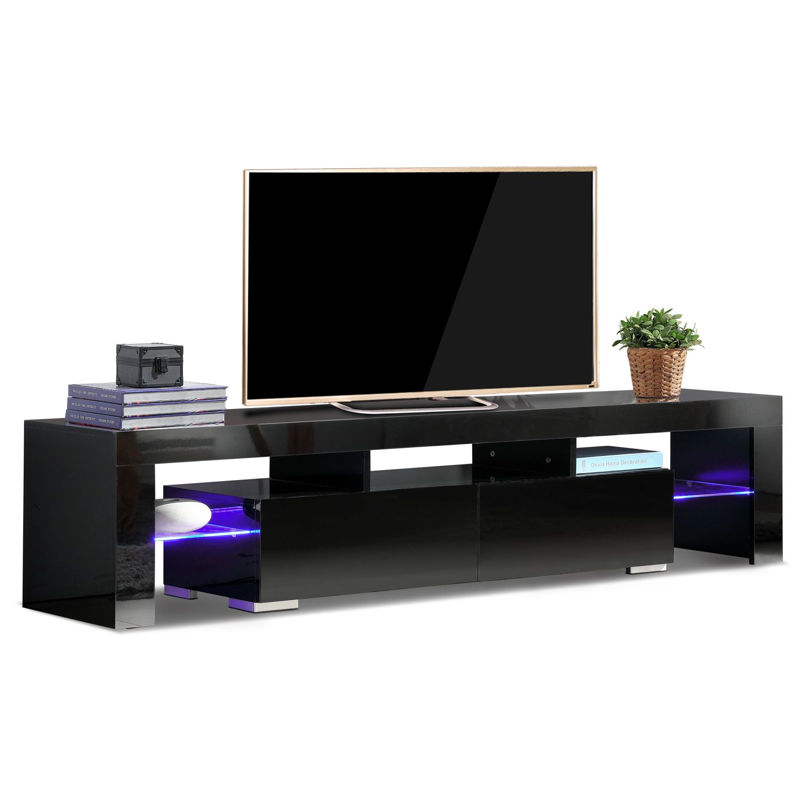 63" High Gloss Black Tv Stands Led Lights Console Cabinet Regarding Black Tv Stands With Drawers (View 6 of 15)