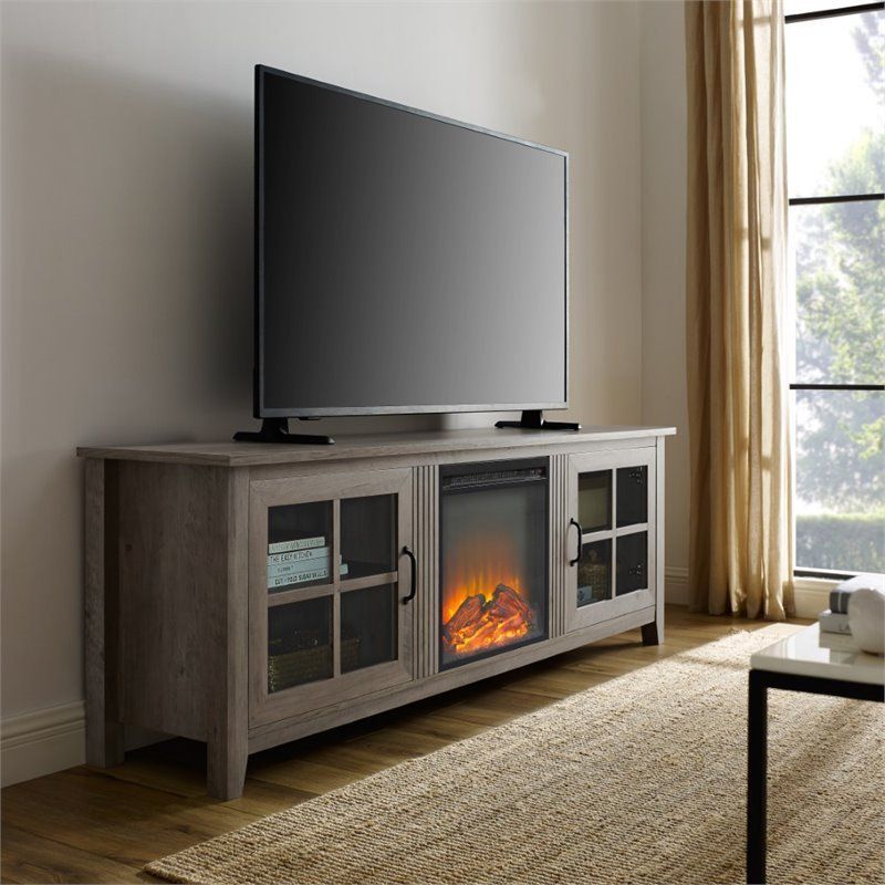 70" Farmhouse Wood Fireplace Tv Stand With Glass Doors Throughout Glass Tv Stands For Tvs Up To 70&quot; (View 4 of 15)