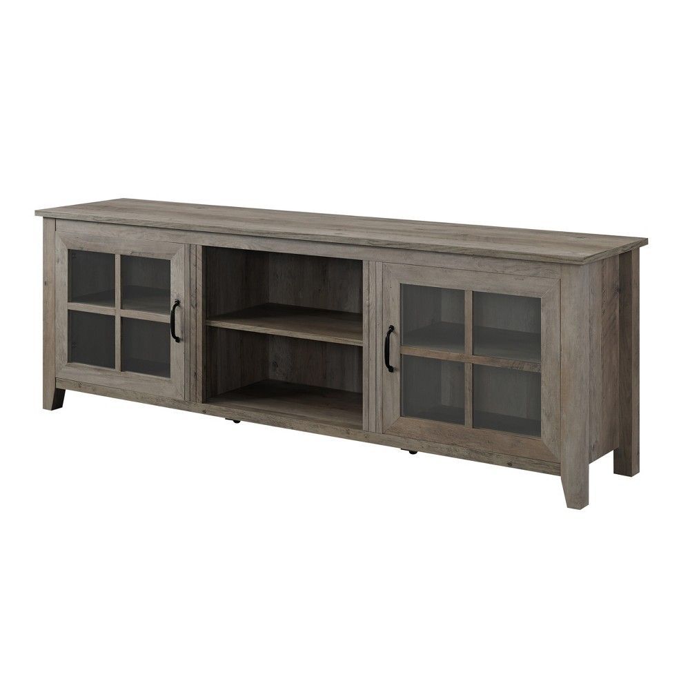 70" Farmhouse Wood Glass Door Tv Stand Gray Wash Inside Walker Edison Farmhouse Tv Stands With Storage Cabinet Doors And Shelves (View 12 of 15)