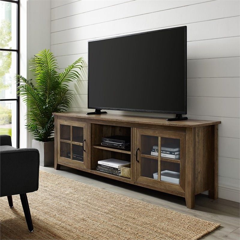 70" Farmhouse Wood Tv Stand With Glass Doors – Rustic Oak In Astoria Oak Tv Stands (View 2 of 15)