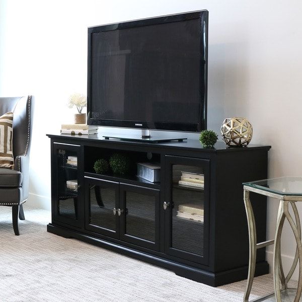 70 Inch Black Wood Highboy Tv Stand – 16260496 – Overstock For Dark Brown Tv Cabinets With 2 Sliding Doors And Drawer (View 4 of 15)