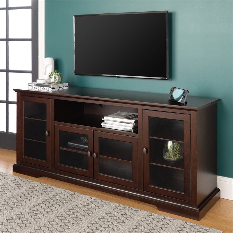 70" Wood Highboy Tv Stand In Espresso With Glass Doors Regarding Small Tv Stands For Top Of Dresser (View 14 of 15)