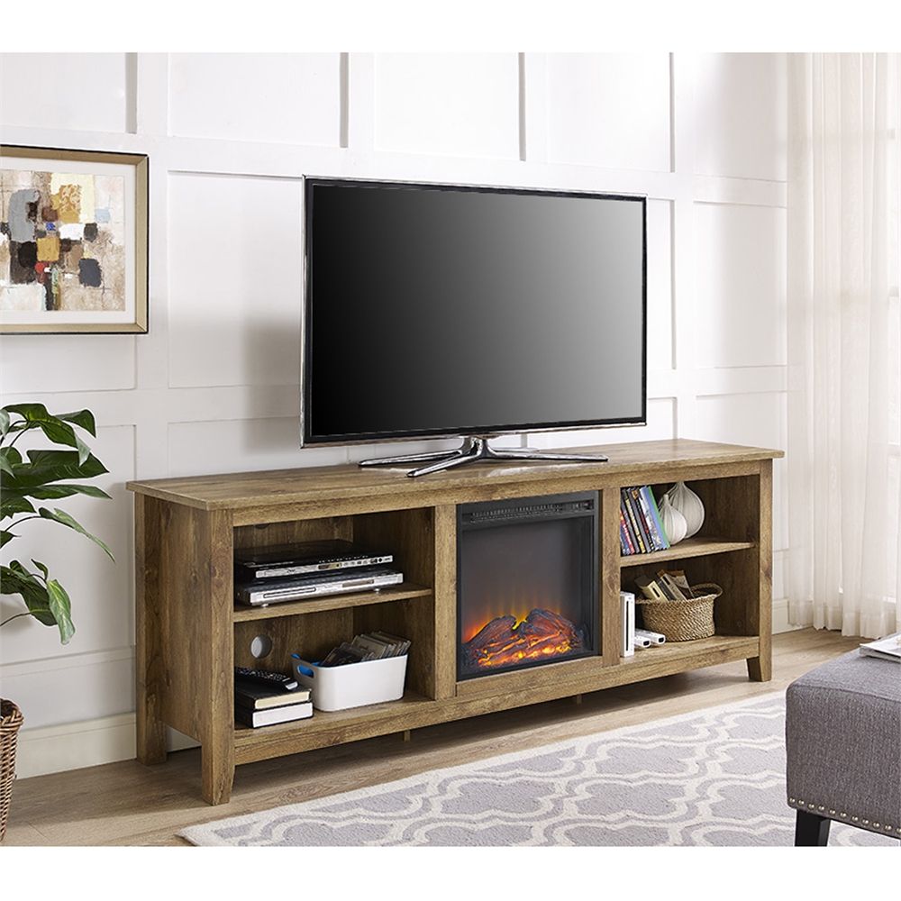 70" Wood Media Tv Stand Console With Fireplace – Barnwood Inside Dark Brown Corner Tv Stands (Photo 2 of 15)