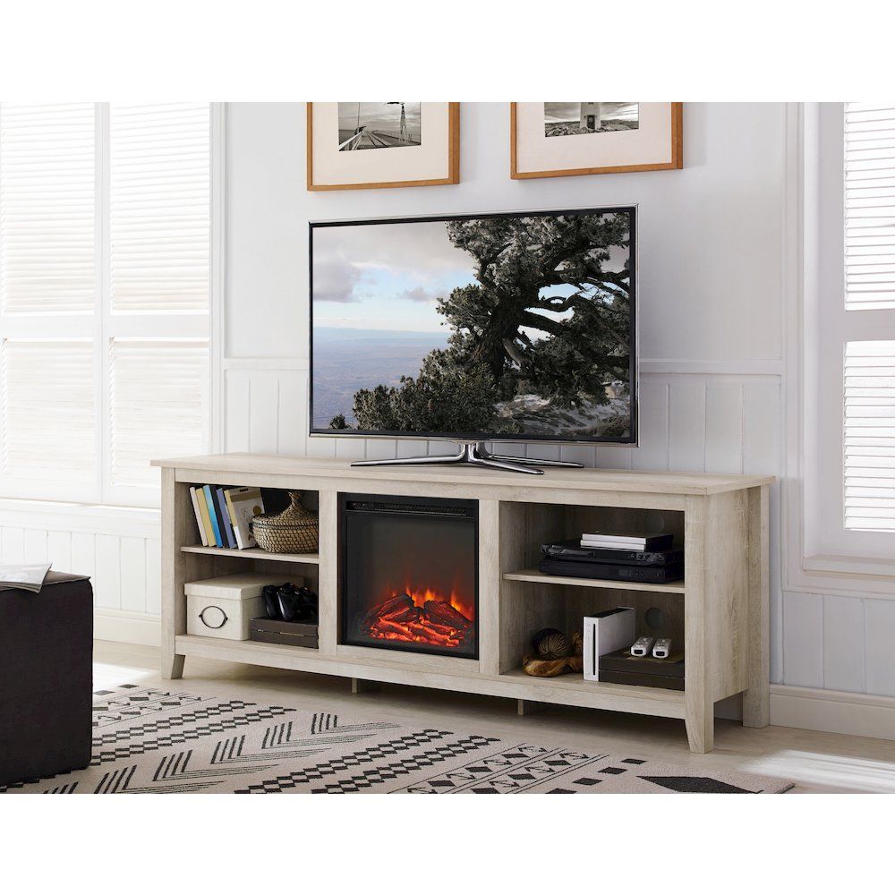 70" Wood Media Tv Stand Console With Fireplace – White Oak In Wood Tv Floor Stands (View 4 of 15)