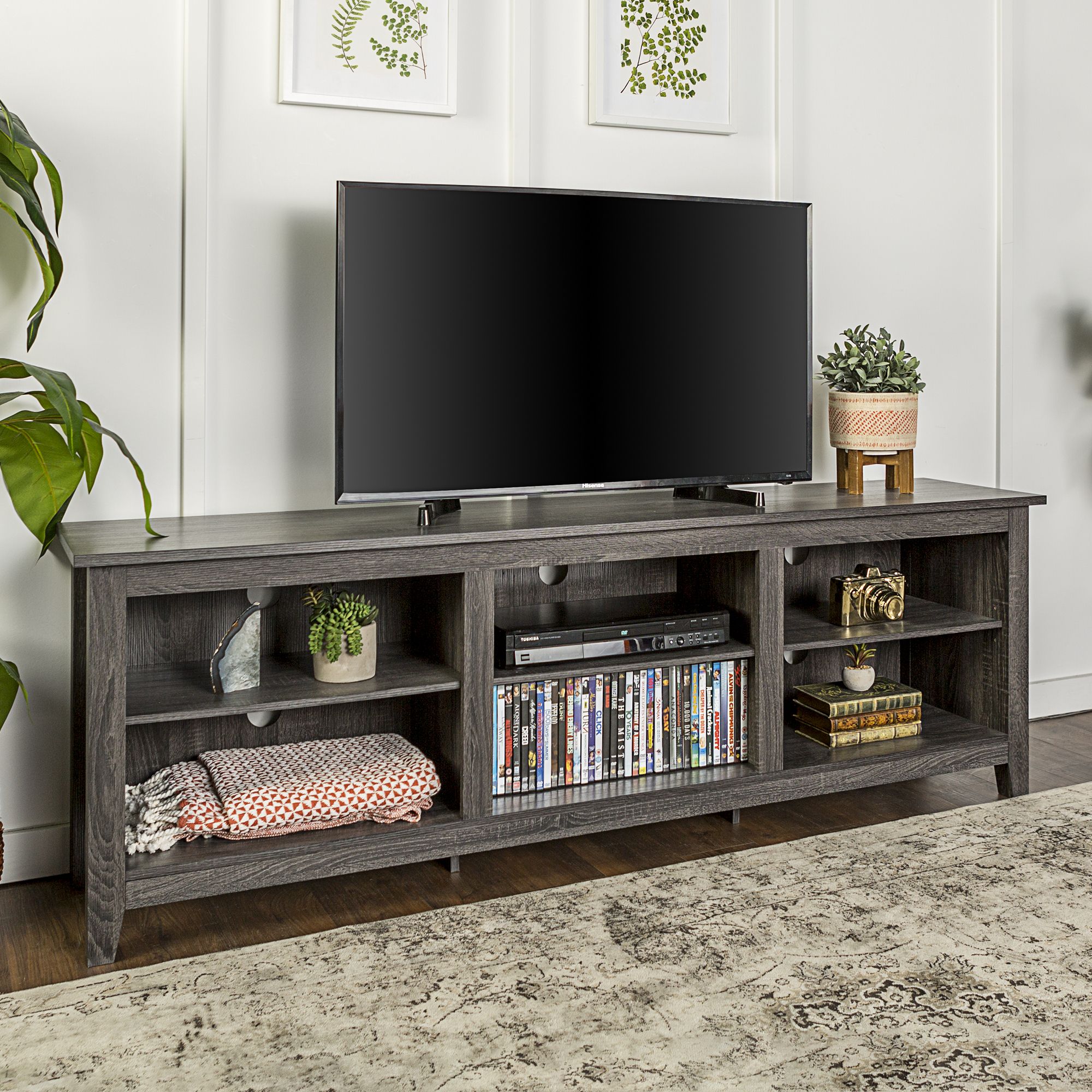 70" Wood Media Tv Stand Storage Console – Charcoal In Tv Stands With Table Storage Cabinet In Rustic Gray Wash (Photo 1 of 15)