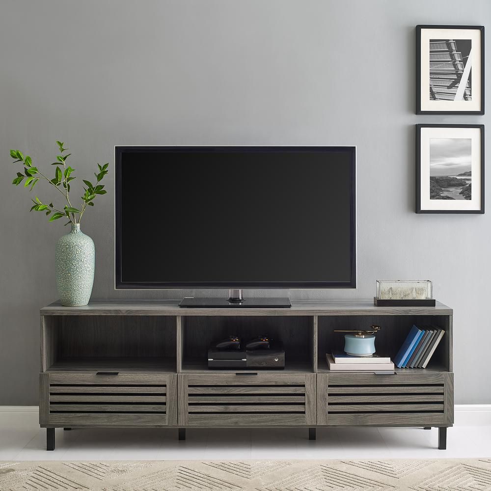 70" Wood Tv Stand With Slatted Drawers – Slate Grey In Grey Wooden Tv Stands (View 7 of 15)