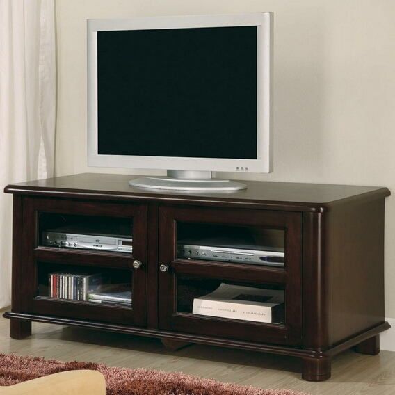 700610 44" Wide Slim Espresso Finish Wood Tv Stand With With Glass Front Tv Stands (View 4 of 15)