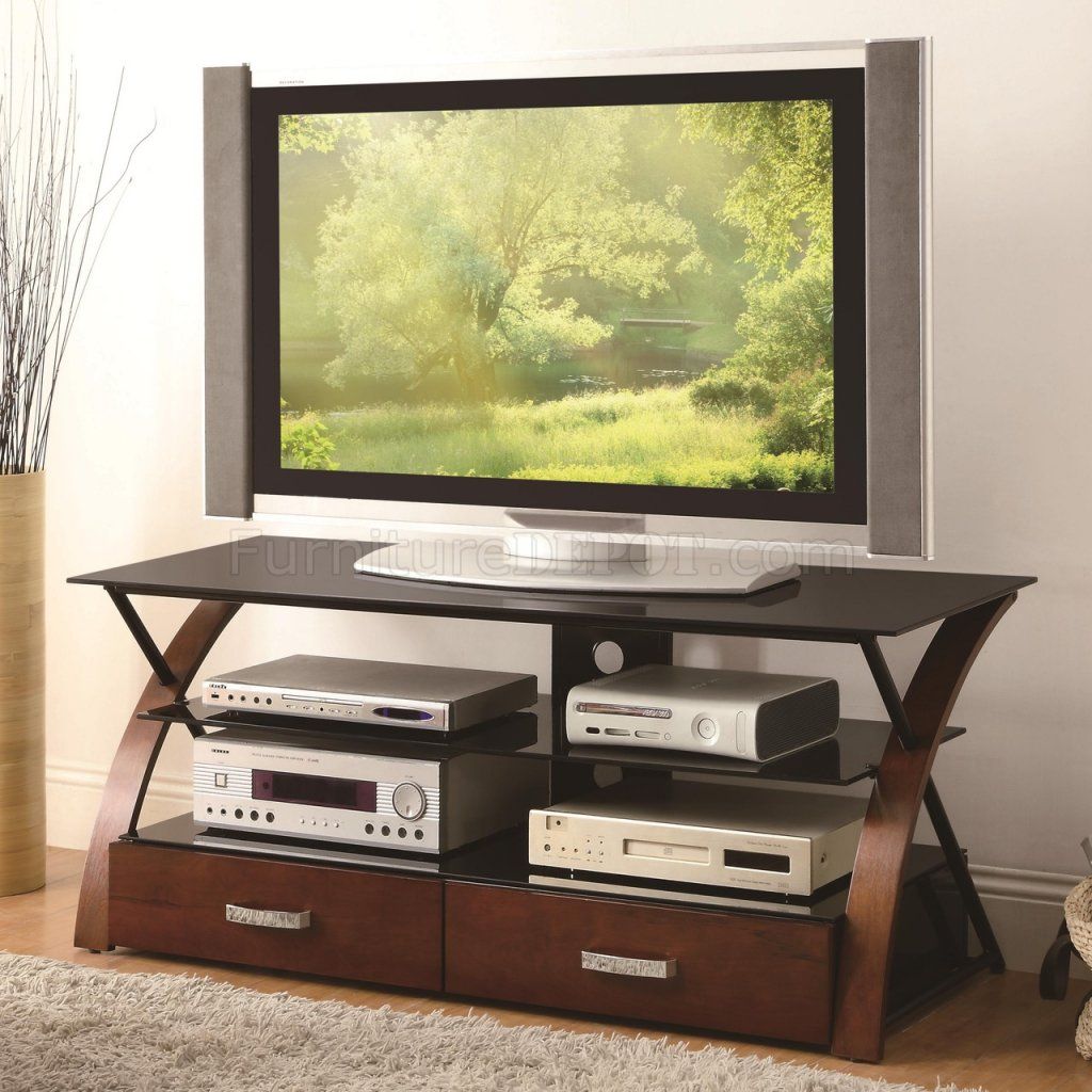700770 Tv Stand In Browncoaster W/black Glass Shelves Pertaining To Glass Shelves Tv Stands (View 7 of 15)