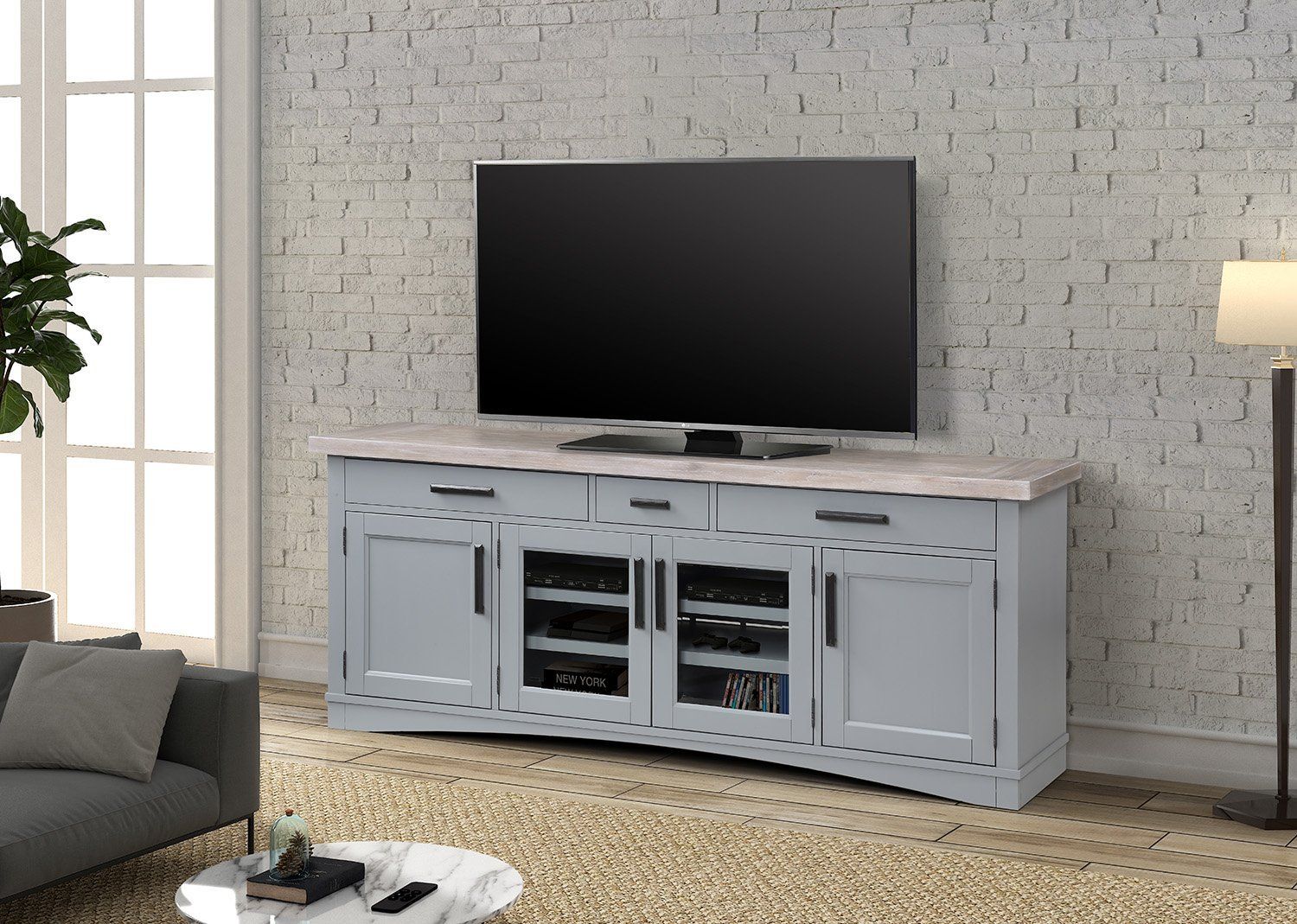 76" Dove Grey Americana Modern Dove Console — Miller's Inside Penelope Dove Grey Tv Stands (View 1 of 15)