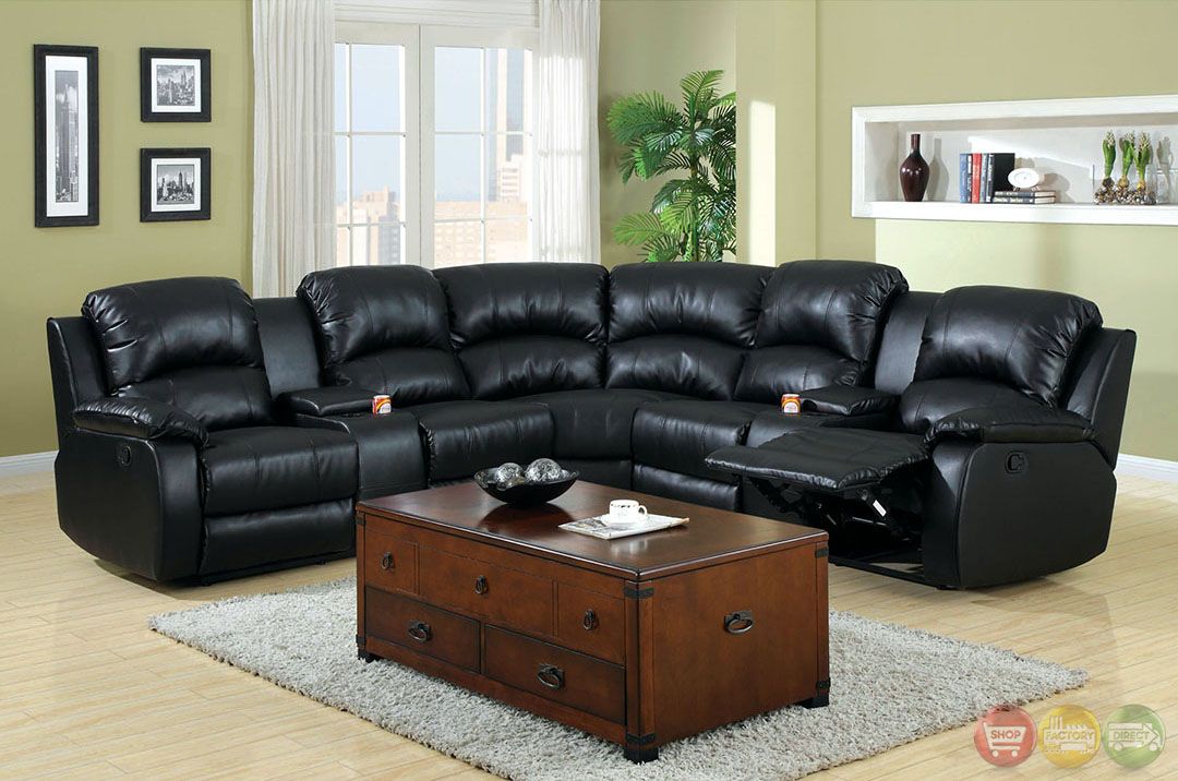 Aberdeen Black Bonded Leather Sectional Sofa Set W/cup Holders Intended For Wynne Contemporary Sectional Sofas Black (View 12 of 15)