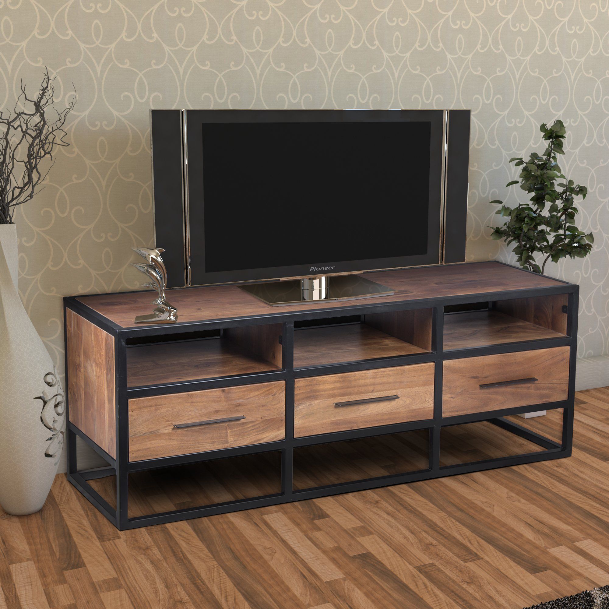 Acacia Wood Tv Unit With Metal Frame, Walnut Brown And Throughout Solid Wood Black Tv Stands (View 1 of 15)