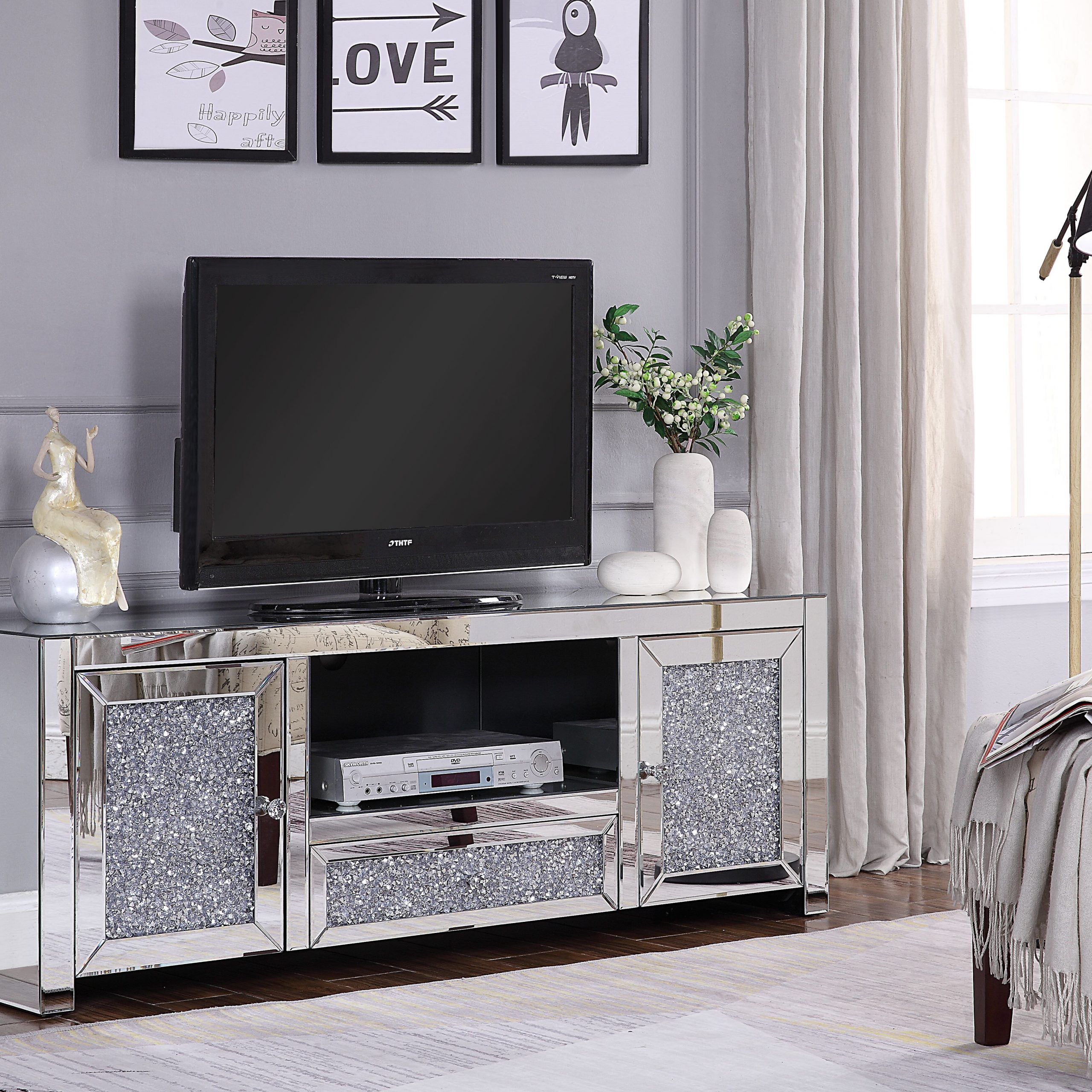 Acme Noralie Tv Stand In Mirrored And Faux Diamonds With Mirror Tv Cabinets (View 2 of 15)