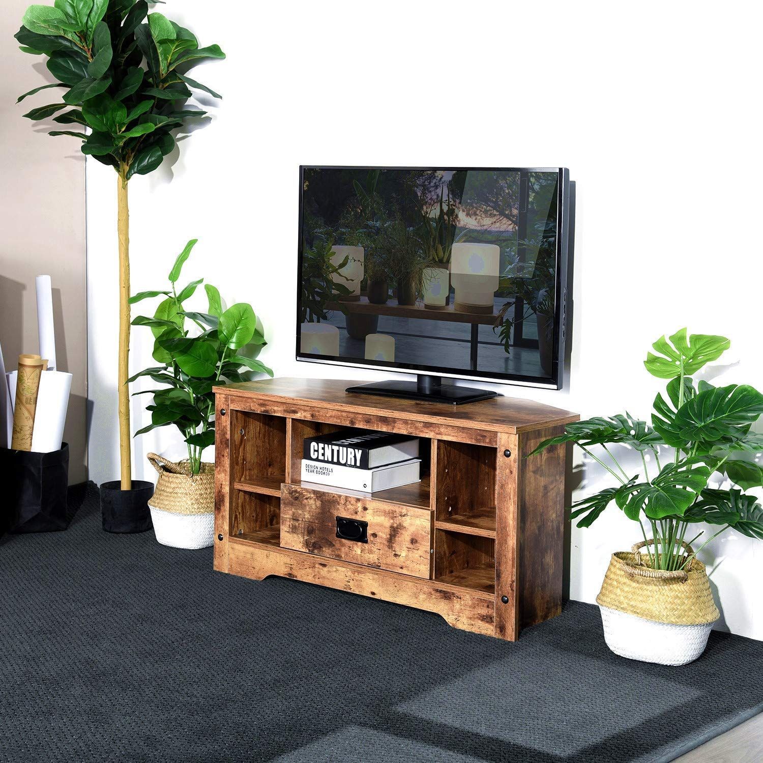 Aingoo Small Corner Tv Stand Table 35.4 Inch Rustic Throughout Small Corner Tv Cabinets (Photo 15 of 15)