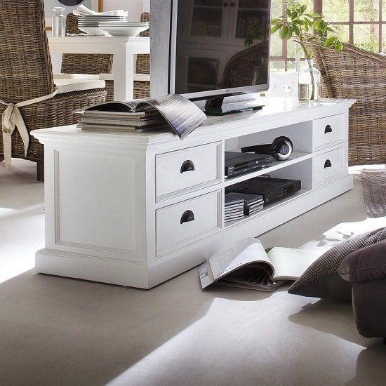 Allthorp Solid Wood Tv Stand Large In White With 4 Drawers With Regard To Chromium Extra Wide Tv Unit Stands (View 14 of 15)