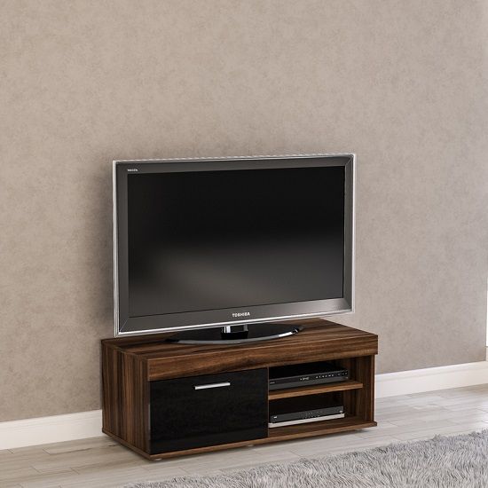 Amerax Small Tv Stand In Walnut And Black Gloss With 1 Throughout Small Black Tv Cabinets (View 5 of 15)