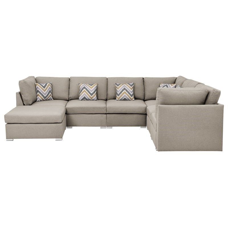 Amira Beige Fabric Reversible Modular Sectional Sofa With Throughout Clifton Reversible Sectional Sofas With Pillows (View 13 of 15)