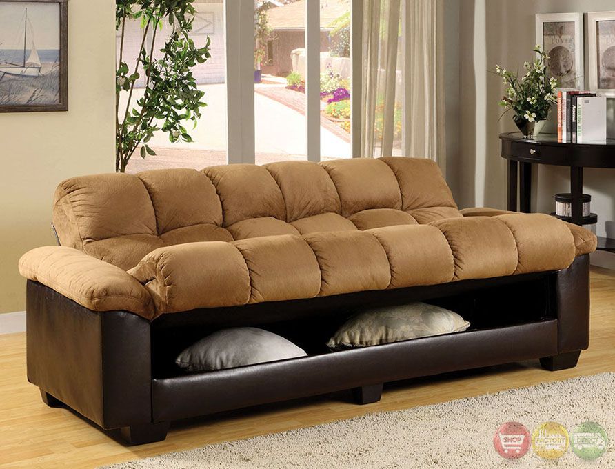 Anya Elephant Skin Microfiber Tan&dark Brown Futon Sofa With Regard To Liberty Sectional Futon Sofas With Storage (View 9 of 15)