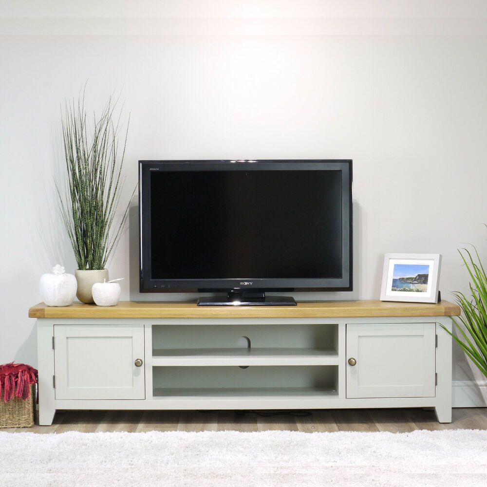 Arklow Painted Oak Extra Large Tv Stand / 180cm Grey Solid With Regard To Carbon Extra Wide Tv Unit Stands (Photo 8 of 15)