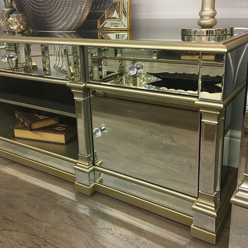 Athens Gold Mirrored Tv Entertainment Stand – Large Intended For Fitzgerald Mirrored Tv Stands (View 14 of 15)